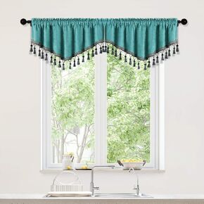 Double-Sided Chenille Window Curtains Tier for Kitchen Turquoise Ascot Valance for Living Room,Pack of 2(Turquoise, 52" W x 18" L)