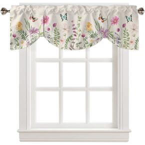 Tie Up Curtain Valance, Flower Leaves Spring Watercolor Floral Vintage Botanical Short Rod Pocket Adjustable Window Curtains for Living Room, Bedroom, Kitchen, Bathroom, 1 Panel, 42" X 12"