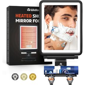 Shower Mirror Fogless for Shaving, Heated Shower Mirror with Lights, 3 Color Dimmable, Rechargeable Fogless Mirror for Shower, Large Anti-Fog Mirror Shaving Mirror with Razor Holder & Squeegee