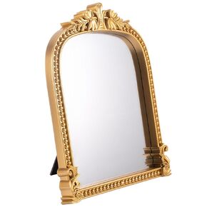 Vintage Vanity Makeup Desk Mirror, Small Gold Antique Decorative Mirror, Arch Table Mirror with Stand, Ornate Traditional Chic Baroque for Living Room Bedroom Dresser Tabletop Desktop Decor