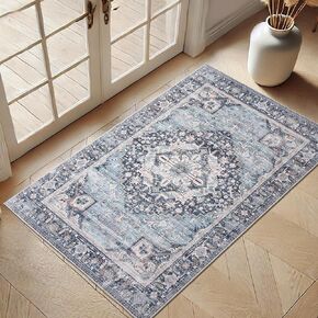 Hallway Runner Rug Washable Carpet: 2x6 Non Slip Vintage Rug with Rubber Backing Long Floor Mat for Kitchen Laundry Entryway Bathroom (Grey, 2'x6')