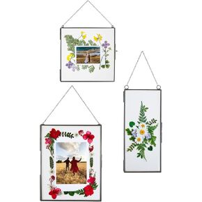 Double Glass Frame for Pressed Flowers, Leaf and Artwork - Set of 3 Hanging Picture Frames, 6x6, 6x8, 4x9 Floating Pressed Flower Frames, Square and Rectangular Wall Decor Photo Display, Clear Metal Glass Frames with Chain (Gold)