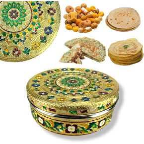 LoveNspire 7.5 Inches Decorative Roti Papad Box Stainless Steel Small Sweet Storage Box Meenakari Container Laddu Box Spice Storage Unique Multipurpose Box Gift for Guest