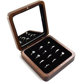 Walnut Wooden Engagement Wedding Couple Ring Storage Box, Solid Wood Square Double Rings Box for Wedding Ceremony Ring Bearer Box