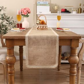 Tosleo Natural Jute Braided Table Runner 13 x 90 inch Long Khaki Table Runner with Beige Lacework for Fall Parties BBQ's Everyday Holidays Rustic Vintage Dining Farmhouse Table Runner (One Piece)