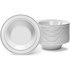 Silver Rimmed White Bowls - 12 ounce - 50 Count - Hard Plastic - Disposable or Reusable - Dessert Bowls - Salad Bowls- Cereal Bowls - Pasta Bowls - Ideal for Weddings,Parties,Gatherings, Events &More!