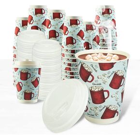 Upper Midland Products [100 Sets] 12 oz Disposable Hot Chocolate Cups and Lids - Double Wall Insulated Cups - Disposable Hot Cocoa Christmas Cups- Recyclable To Go Cups