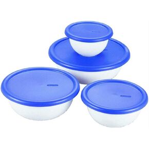 Sterilite plastic 8 Piece Covered Set Bowl, Multisize, White & Blue,2.5 liters