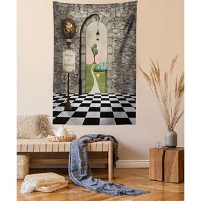 Ambesonne Alice in Wonderland Tapestry, Welcome Wonderland Black and White Floor Landscape Mushroom Lantern, Wall Hanging for Bedroom Living Room Dorm, 60" X 80", Stone Black