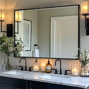 Bathroom Mirror, 36" x 60" Wall Mirror, Rectangular Aluminum Alloy Frame Contemporary Hanging Mirror for Living Room Bathroom, Black