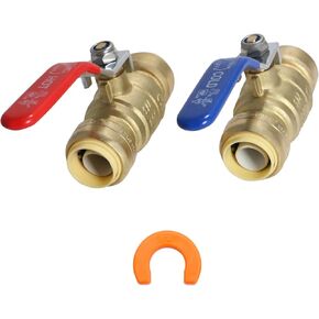 2 Pcs XFITTING Push Fit 3/4 Inch x 3/4 Inch Push Fit Ball Valve Red and Blue, Hot and Cold with 1 Clip, 28-2-3&4=2W.1C