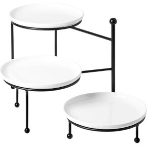 Kanwone 3 Tiered Serving Stand with White Porcelain Plates, Tiered Tray Stand, 10" x 10" Tier Serving Trays with Black Metal Stand for Entertaining, 3 Tier Cupcake Stand, Dessert Stand