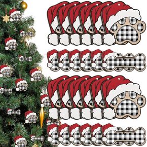36 Pcs Dog Paw Christmas Ornament Pet Paw Wooden Dog Bone Paw Print Cutout Dog Hanging Wood Dog Decoration Buffalo Plaid Cutout Jute Christmas Tree Gift