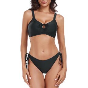 Ocean Blues Women's Two-Piece Bikini Set with Lace-Up Back Bralette Keyhole Bikini Top and Tie-Side Bottoms