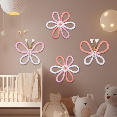 4 Pcs Christmas Boho Nursery Wall Decor Butterflies Daisy Flowers Woven Macrame Wall Art Pink Hanging Bohemian Home Wall Decor with Glue Daisy Decals for Kids Baby Girls Kids Dorm in Saudi Arabia