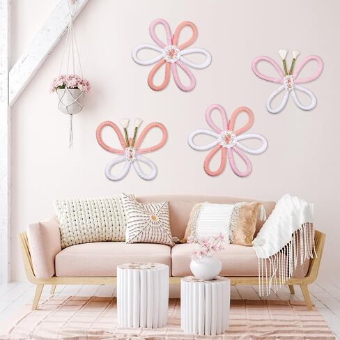 4 Pcs Christmas Boho Nursery Wall Decor Butterflies Daisy Flowers Woven Macrame Wall Art Pink Hanging Bohemian Home Wall Decor with Glue Daisy Decals for Kids Baby Girls Kids Dorm in Saudi Arabia