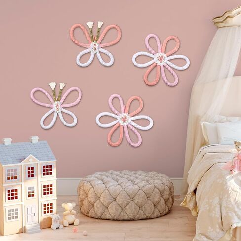 4 Pcs Christmas Boho Nursery Wall Decor Butterflies Daisy Flowers Woven Macrame Wall Art Pink Hanging Bohemian Home Wall Decor with Glue Daisy Decals for Kids Baby Girls Kids Dorm in Saudi Arabia