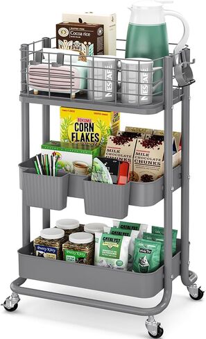 KINGRACK 3 Tier Utility Cart، منظم عربة دوارة معدنية، عربة تخزين على عجلات، عربة كتب، عربة حفاضات للحمام، المطبخ، المكتب، غرفة النوم، أرجواني in Kuwait