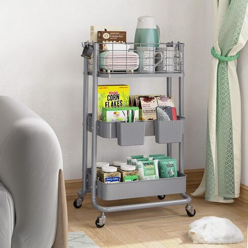 KINGRACK 3 Tier Utility Cart، منظم عربة دوارة معدنية، عربة تخزين على عجلات، عربة كتب، عربة حفاضات للحمام، المطبخ، المكتب، غرفة النوم، أرجواني in Kuwait