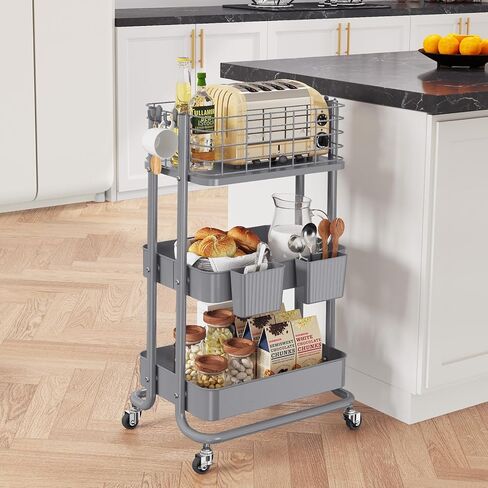 KINGRACK 3 Tier Utility Cart، منظم عربة دوارة معدنية، عربة تخزين على عجلات، عربة كتب، عربة حفاضات للحمام، المطبخ، المكتب، غرفة النوم، أرجواني in Kuwait