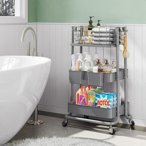 KINGRACK 3 Tier Utility Cart، منظم عربة دوارة معدنية، عربة تخزين على عجلات، عربة كتب، عربة حفاضات للحمام، المطبخ، المكتب، غرفة النوم، أرجواني in Kuwait