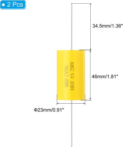 PATIKIL 10uF 250 V Frequency Divider Capacitor, 2 Pcs Axial Audio Speaker Crossover Step-Less Film Capacitor MKP Capacitor for Audio Equipment Appliances, Yellow in Saudi Arabia