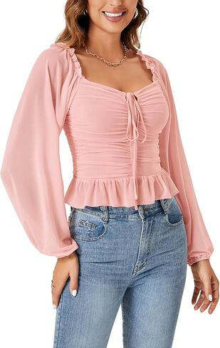 LYANER Women's Sweetheart Neck Self Tie Knot Shirred Back Mesh Lantern Long Sleeve Blouse Shirt Top in Saudi Arabia