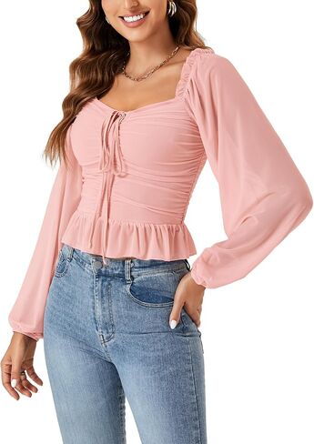 LYANER Women's Sweetheart Neck Self Tie Knot Shirred Back Mesh Lantern Long Sleeve Blouse Shirt Top in Saudi Arabia