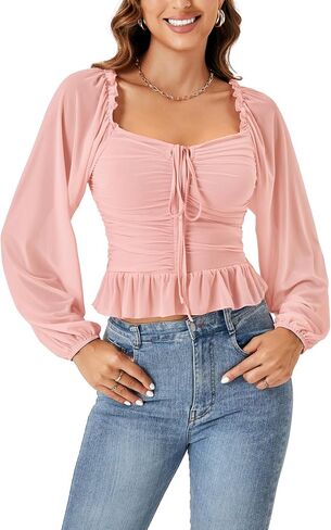 LYANER Women's Sweetheart Neck Self Tie Knot Shirred Back Mesh Lantern Long Sleeve Blouse Shirt Top in Saudi Arabia