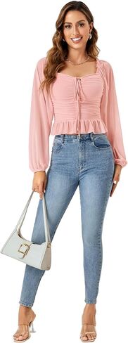LYANER Women's Sweetheart Neck Self Tie Knot Shirred Back Mesh Lantern Long Sleeve Blouse Shirt Top in Saudi Arabia