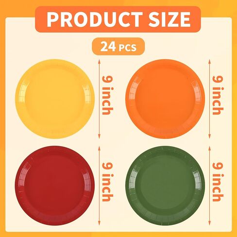 Fall Paper Plates Autumn Red Orange Yellow Green Round Party Plates 9 Inch Thanksgiving Solid Color Disposable Dessert Dinner Tableware for Holiday Picnic Catering Events Harvest Party Supplies (24) in Kuwait
