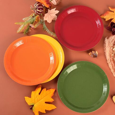 Fall Paper Plates Autumn Red Orange Yellow Green Round Party Plates 9 Inch Thanksgiving Solid Color Disposable Dessert Dinner Tableware for Holiday Picnic Catering Events Harvest Party Supplies (24) in Kuwait