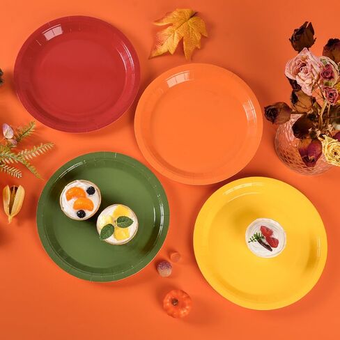 Fall Paper Plates Autumn Red Orange Yellow Green Round Party Plates 9 Inch Thanksgiving Solid Color Disposable Dessert Dinner Tableware for Holiday Picnic Catering Events Harvest Party Supplies (24) in Kuwait