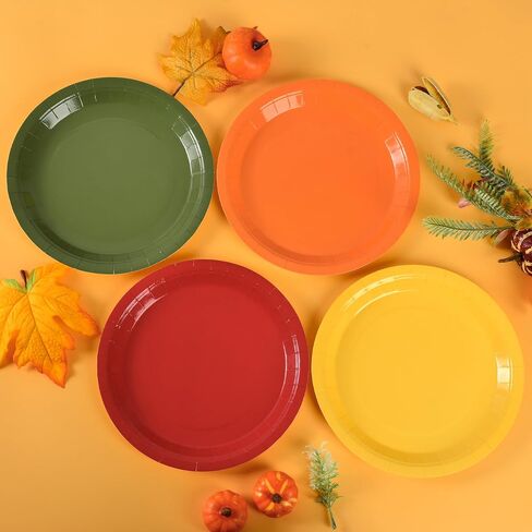 Fall Paper Plates Autumn Red Orange Yellow Green Round Party Plates 9 Inch Thanksgiving Solid Color Disposable Dessert Dinner Tableware for Holiday Picnic Catering Events Harvest Party Supplies (24) in Kuwait
