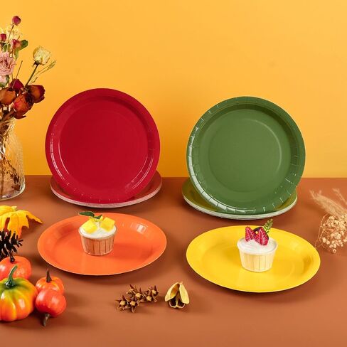 Fall Paper Plates Autumn Red Orange Yellow Green Round Party Plates 9 Inch Thanksgiving Solid Color Disposable Dessert Dinner Tableware for Holiday Picnic Catering Events Harvest Party Supplies (24) in Kuwait