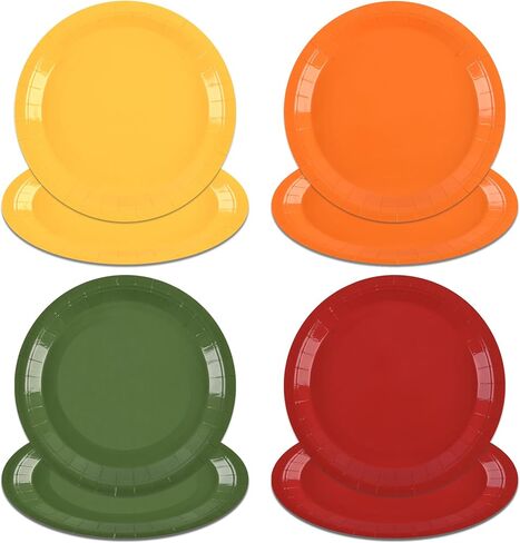 Fall Paper Plates Autumn Red Orange Yellow Green Round Party Plates 9 Inch Thanksgiving Solid Color Disposable Dessert Dinner Tableware for Holiday Picnic Catering Events Harvest Party Supplies (24) in Kuwait