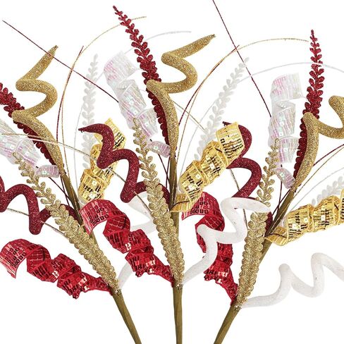 3Pcs Christmas Sequin Curly Picks, 16inch Artificial Glitter Curly Twigs Sprays Decorative Stem Xmas Tree Topper Ornaments for Christmas Decoration Vase Filler Home Office Decor (Red White Green) in Kuwait