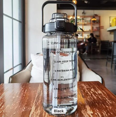 64 oz water bottle,Water Bottle with Straw, Motivational Water Bottles with Times to Drink, BPA Free 2L Sports Large Water Bottle with Handle,GYM water bottle, Office, Working (Black) in Saudi Arabia