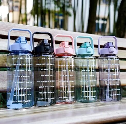 64 oz water bottle,Water Bottle with Straw, Motivational Water Bottles with Times to Drink, BPA Free 2L Sports Large Water Bottle with Handle,GYM water bottle, Office, Working (Black) in Saudi Arabia