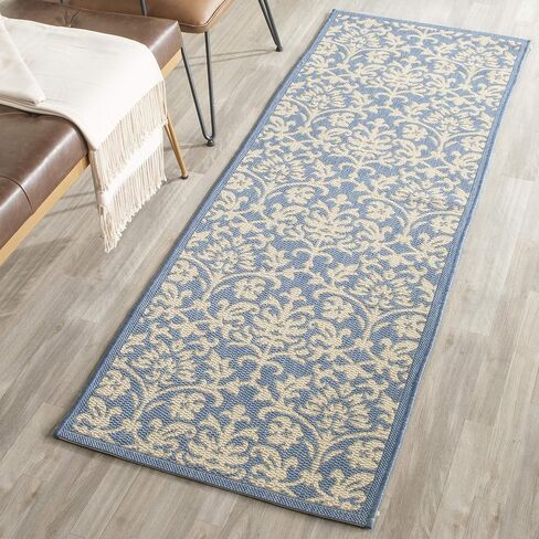 سجادة SAFAVIEH Courtyard Collection Runner - 2'3" x 6'7"، أزرق وطبيعي، لا يتساقط ويسهل العناية بها، داخلي/خارجي وقابل للغسل - مثالي للفناء والفناء الخلفي وغرفة الطين (CY3416-3103) in Saudi Arabia