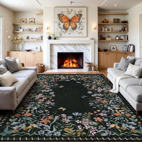 Wonnitar Washable 8x10 Rug, Non-Slip Soft Black Botanical Area Rugs for Living Room, Non-Shedding Large Bedroom Rug, Ultra-Thin Stain Resistant Floor Carpet for Dining Table (Black,8'x10') in Saudi Arabia