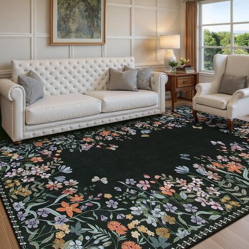 Wonnitar Washable 8x10 Rug, Non-Slip Soft Black Botanical Area Rugs for Living Room, Non-Shedding Large Bedroom Rug, Ultra-Thin Stain Resistant Floor Carpet for Dining Table (Black,8'x10') in Saudi Arabia