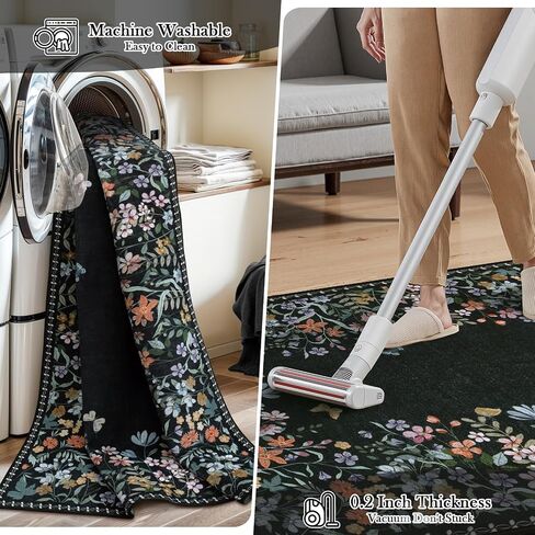 Wonnitar Washable 8x10 Rug, Non-Slip Soft Black Botanical Area Rugs for Living Room, Non-Shedding Large Bedroom Rug, Ultra-Thin Stain Resistant Floor Carpet for Dining Table (Black,8'x10') in Saudi Arabia