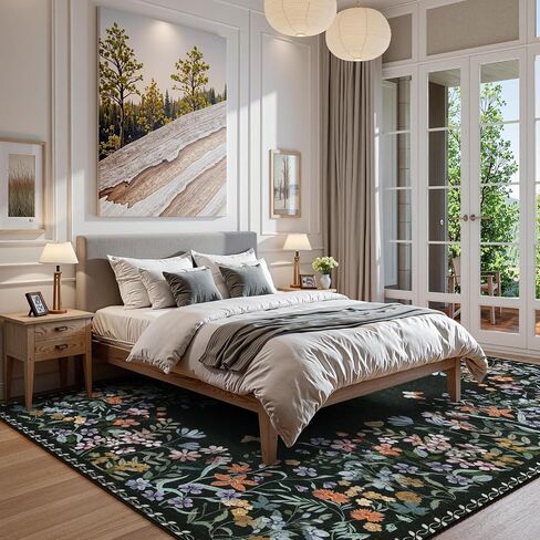 Wonnitar Washable 8x10 Rug, Non-Slip Soft Black Botanical Area Rugs for Living Room, Non-Shedding Large Bedroom Rug, Ultra-Thin Stain Resistant Floor Carpet for Dining Table (Black,8'x10') in Saudi Arabia