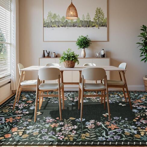 Wonnitar Washable 8x10 Rug, Non-Slip Soft Black Botanical Area Rugs for Living Room, Non-Shedding Large Bedroom Rug, Ultra-Thin Stain Resistant Floor Carpet for Dining Table (Black,8'x10') in Saudi Arabia
