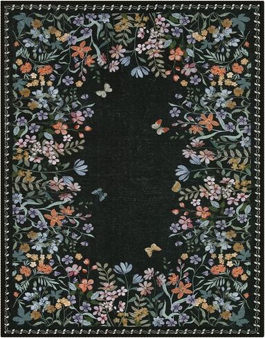 Wonnitar Washable 8x10 Rug, Non-Slip Soft Black Botanical Area Rugs for Living Room, Non-Shedding Large Bedroom Rug, Ultra-Thin Stain Resistant Floor Carpet for Dining Table (Black,8'x10') in Saudi Arabia