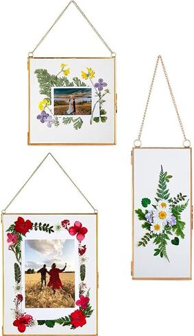 Double Glass Frame for Pressed Flowers, Leaf and Artwork - Set of 3 Hanging Picture Frames, 6x6, 6x8, 4x9 Floating Pressed Flower Frames, Square and Rectangular Wall Decor Photo Display, Clear Metal Glass Frames with Chain (Gold) in Saudi Arabia
