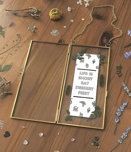 Double Glass Frame for Pressed Flowers, Leaf and Artwork - Set of 3 Hanging Picture Frames, 6x6, 6x8, 4x9 Floating Pressed Flower Frames, Square and Rectangular Wall Decor Photo Display, Clear Metal Glass Frames with Chain (Gold) in Saudi Arabia