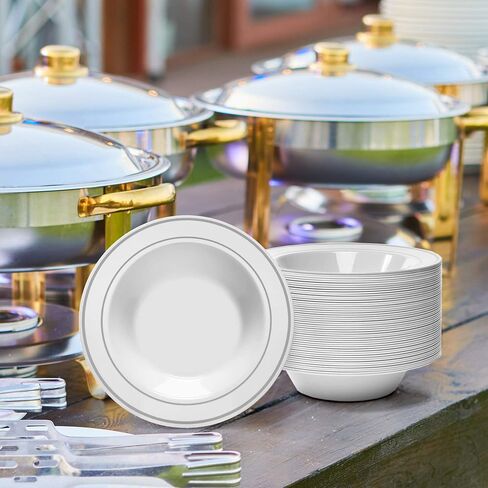 Silver Rimmed White Bowls - 12 ounce - 50 Count - Hard Plastic - Disposable or Reusable - Dessert Bowls - Salad Bowls- Cereal Bowls - Pasta Bowls - Ideal for Weddings,Parties,Gatherings, Events &More! in Kuwait