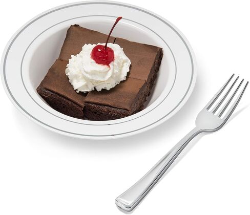 Silver Rimmed White Bowls - 12 ounce - 50 Count - Hard Plastic - Disposable or Reusable - Dessert Bowls - Salad Bowls- Cereal Bowls - Pasta Bowls - Ideal for Weddings,Parties,Gatherings, Events &More! in Kuwait